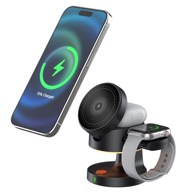 Portable Foldable Bedside Magnetic Wireless Charging Station Including Night Light and Stand for Smartphones Smartwatches Earbud