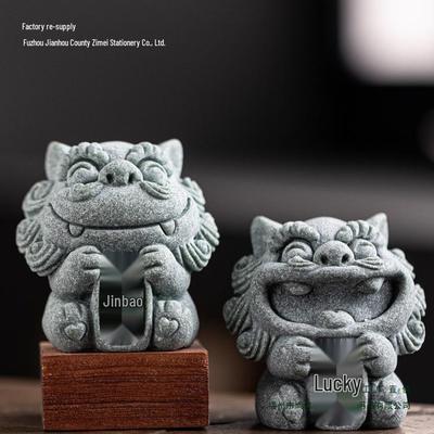Chinese Stone Lion Pair Fengshiye Desktop Ornament & Bonsai Fish Tank Decoration