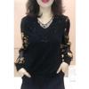 Women's Elegant V Neck Lace Patchwork Top Sparkle Sequin Print Long Sleeve Blouse
