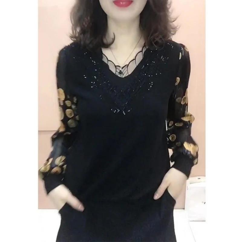 Women's Elegant V Neck Lace Patchwork Top Sparkle Sequin Print Long Sleeve Blouse