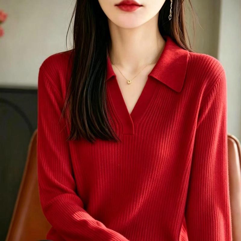 Women S Knit Polo Neck Long Sleeve Sweater Casual Versatile Base Layer