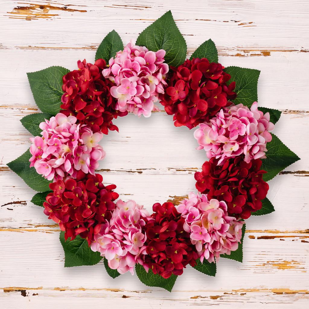 

Floral Gorgeous Summer Wreath With Red Pink Hydrangeas And Vibrant Green Detailing Leaf