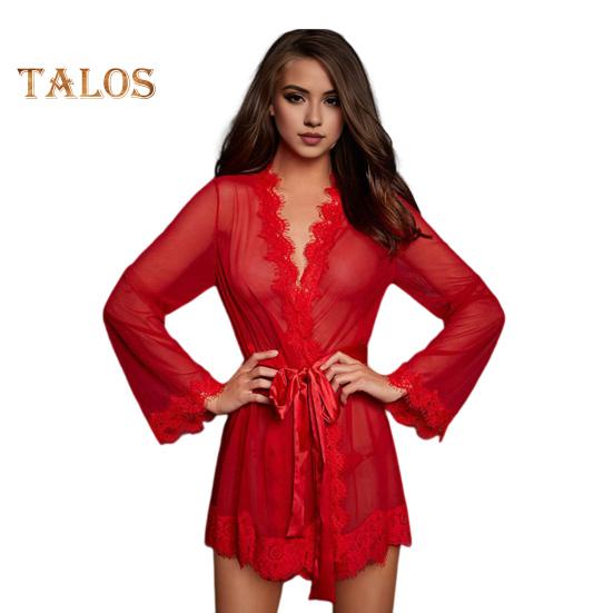 

Летняя женская ночная рубашка с завязывающимся поясом, тонкая прозрачная сетка с V-образным вырезом, чувственная ночная рубашка с кружевной отделкой, ночная рубашка для спальни, свадебное платье для медового месяца L красный