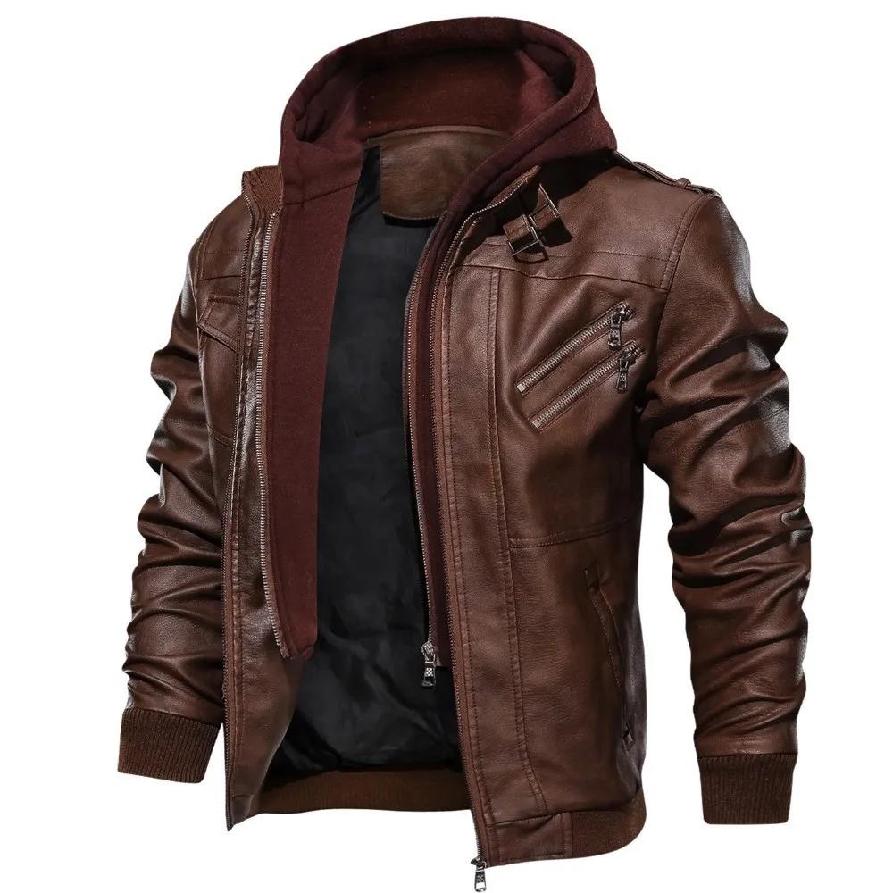 New Leather Jacket Men's Spring Autumn Winter Loose Casual Motorcycle Hooded Short Windproof Jacket