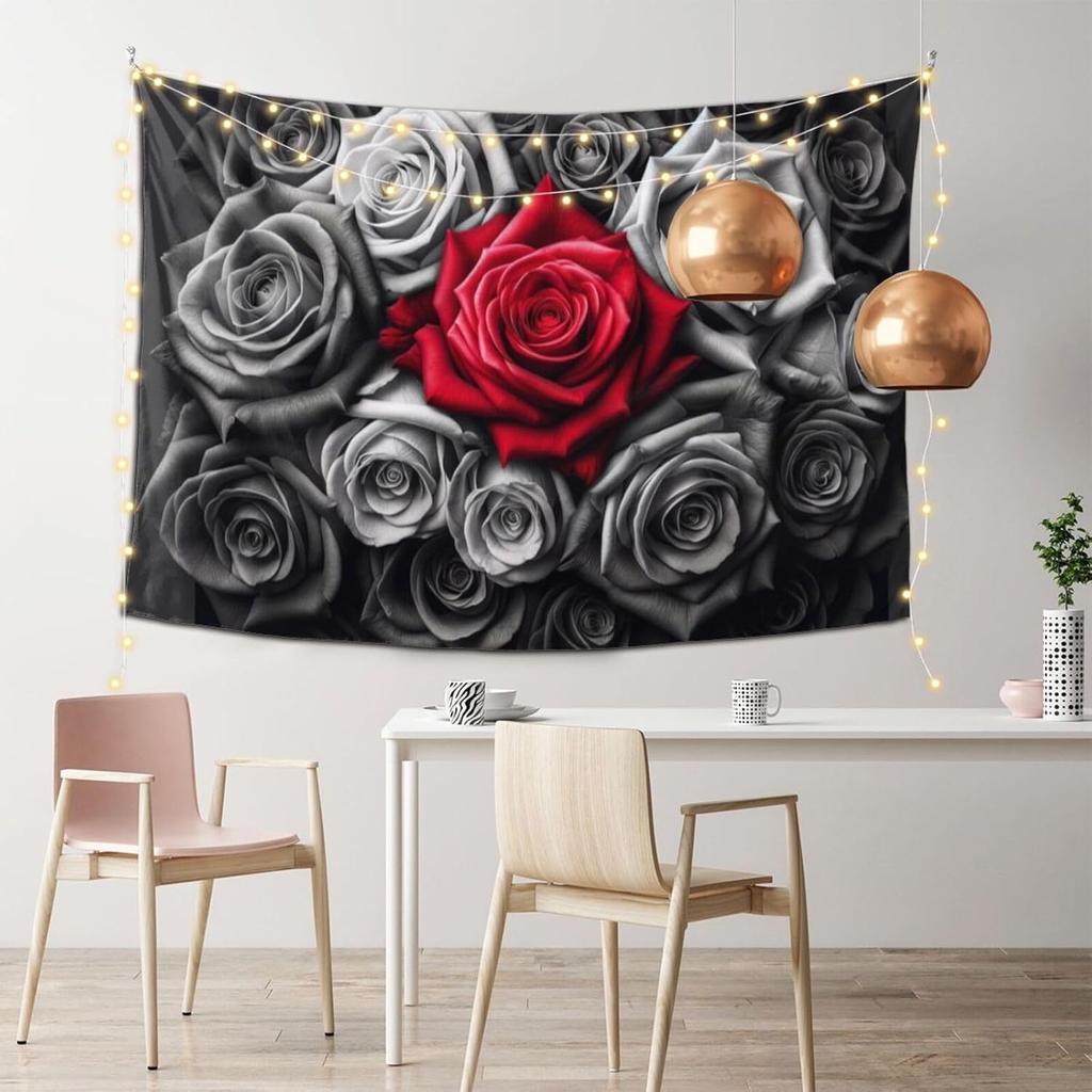 Florale Blume Wandteppich Aschgrauer Hintergrund Wandkunst Rosen Wandteppiche Pflanze Botanisch Natur Wandbehang Schwarz-Weiß Stil