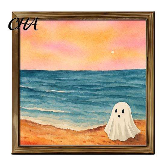 Spooky Fireplace Shelf Accents Halloween Ghost/Witch/Skeleton Decorative Painting, Wall Mount Square Wood Frame Wooden Decor Picture for Home Tabletop