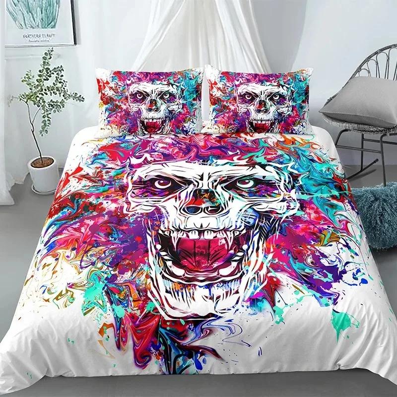 Skull Duvet Cover King, Halloween Comforter Cover,Gothic Fog Smoke Skull Skeleton Bedding Set,Grey Quilt Cover Room Decor
