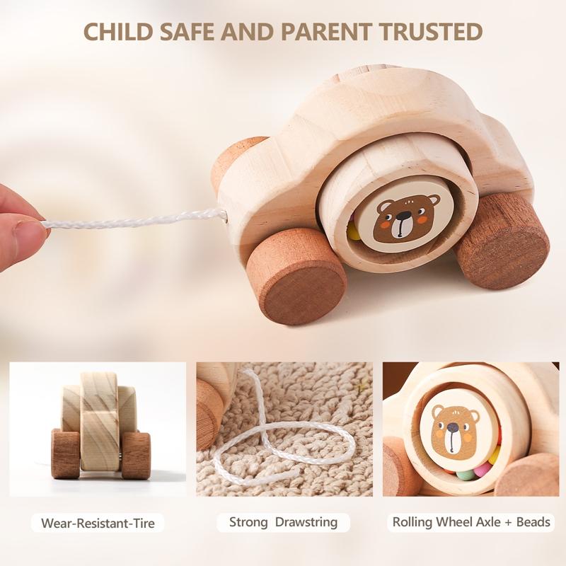 Wooden Trolley Toy Baby Montessori Finger Fine Movement Game Pine Cartoon Bear Trolley Is BPA-Free Babyroom Decoration Kid Gift