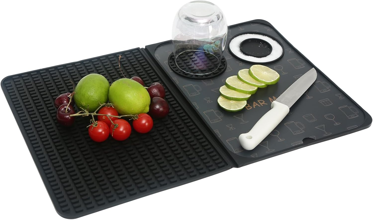 

Foldable Bar Mat 3-in-1 Silicone Drying Mat Removable Cutting Board Rim Tray Countertop Protector for Home Outdoor Cocktail 45x30cm