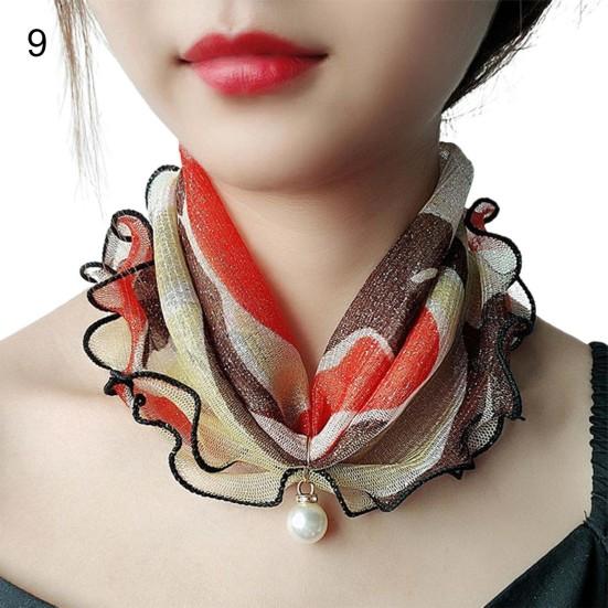 Scarf Painting Print Imitation Pearl Durable Ruffle Edge Lady Headscarf for Banquet