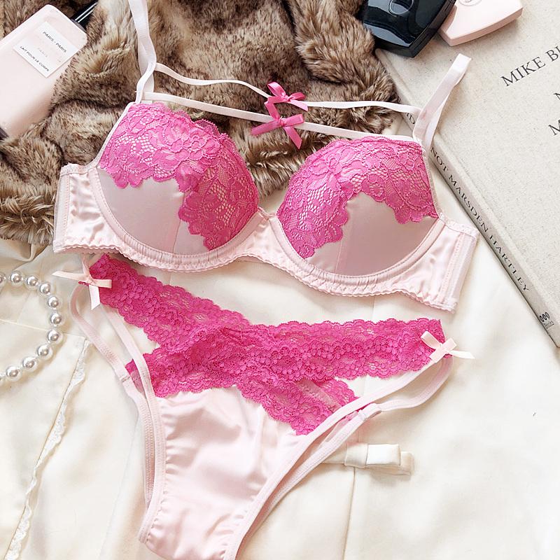 

Новый кружевной комплект нижнего белья с вышивкой, женские сексуальные полые бандажные бюстгальтеры для молодых девушек, милый розовый бюстгальтер и трусики, комплект нижнего белья L ярко-розовый