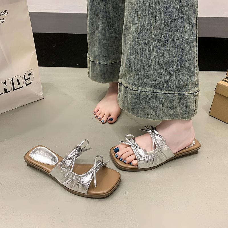 Fashion 2025 Bow Women Square Toe Low Heels Slippers Sexy Trend Sandals Summer Shoes New Designer Party Heeled Shoes Woman Pumps