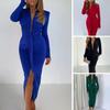 Deep V-neck Long Sleeves Right Angle Shoulder Shirring Symmetrical Split Hem Maxi Dress Hip Wrap Solid Color Skinny Party Bodycon