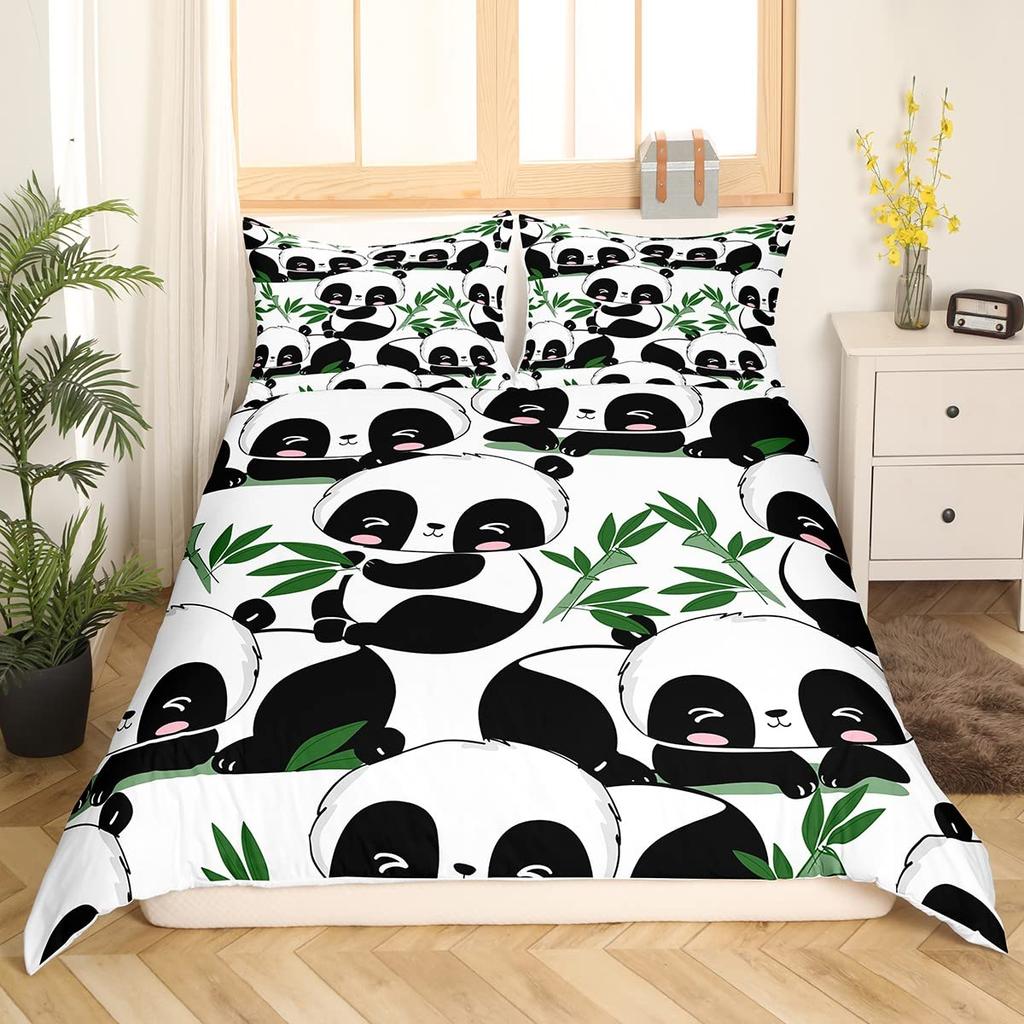 Cute Red Panda Duvet Cover King Size,Pink Love Stars Bedding Set Kawaii Cartoon Animals Comforter Cover Girly Sweet Quilt Cover