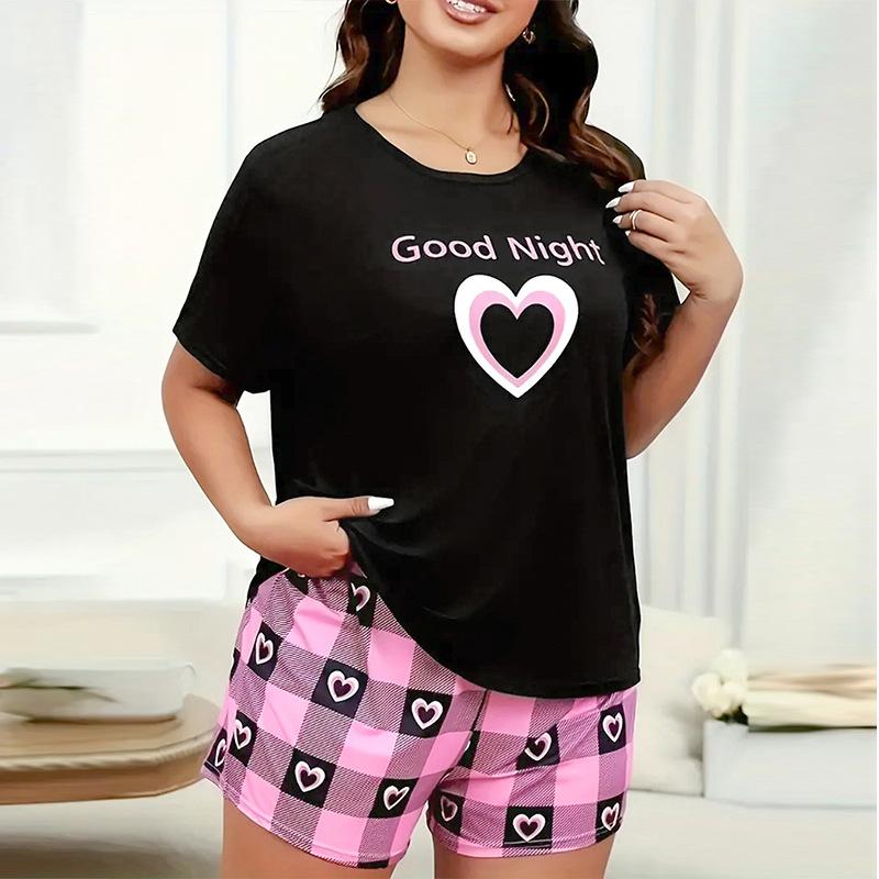 Sommer pluss størrelse 3XL 4XL 5XL kortermet topper og shorts pyjamassett avslappet oversized bokstavtrykk rutete pyjamas for kvinner nattøy sett hjemmeklær