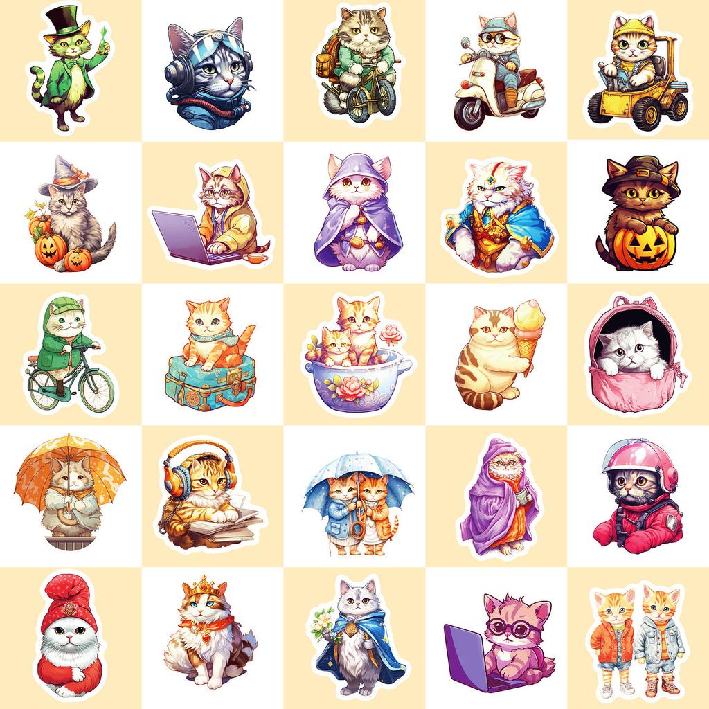 50 Cat Head Stickers with Cool and Handsome Anthropomorphic Cat Stickers with Hats Cat Words and Cats Series Cat Decorations