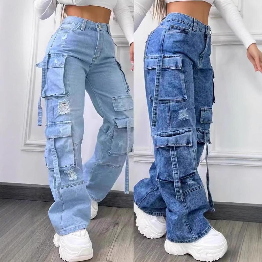 European & American Plus Size High Waist Multi-Pocket Denim Pants for Women