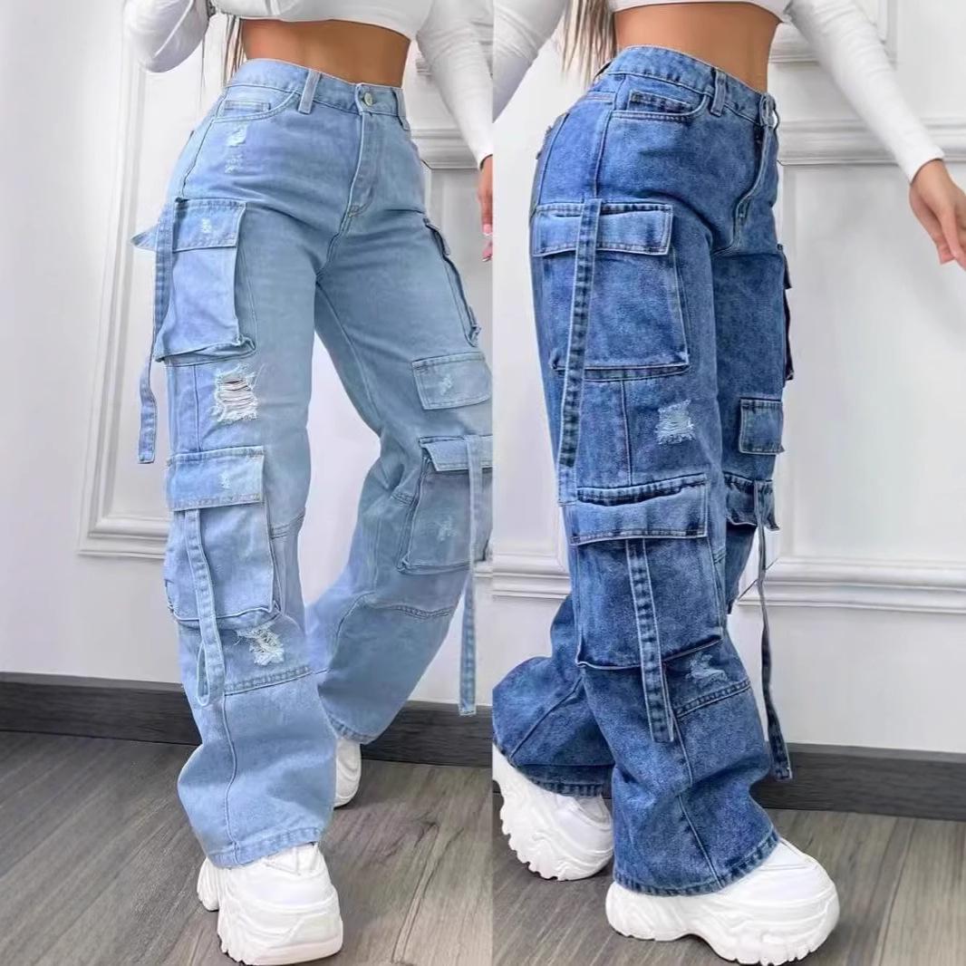 

European & American Plus Size High Waist Multi-Pocket Denim Pants for Women 2XL
