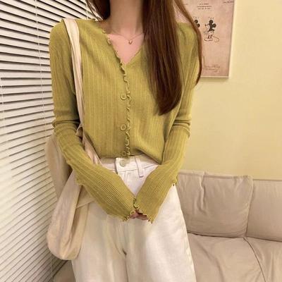 V-neck Knitted Cardigan Solid Color Versatile Small Coat Sweater Spring Trend Women's Early Autumn New Fungus Edge