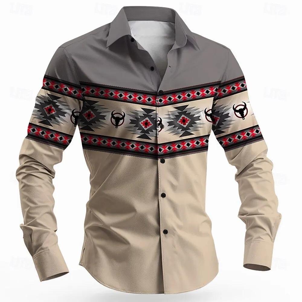 Western Tribal Pattern Long Sleeve Shirt, Stylish Buffalo Design