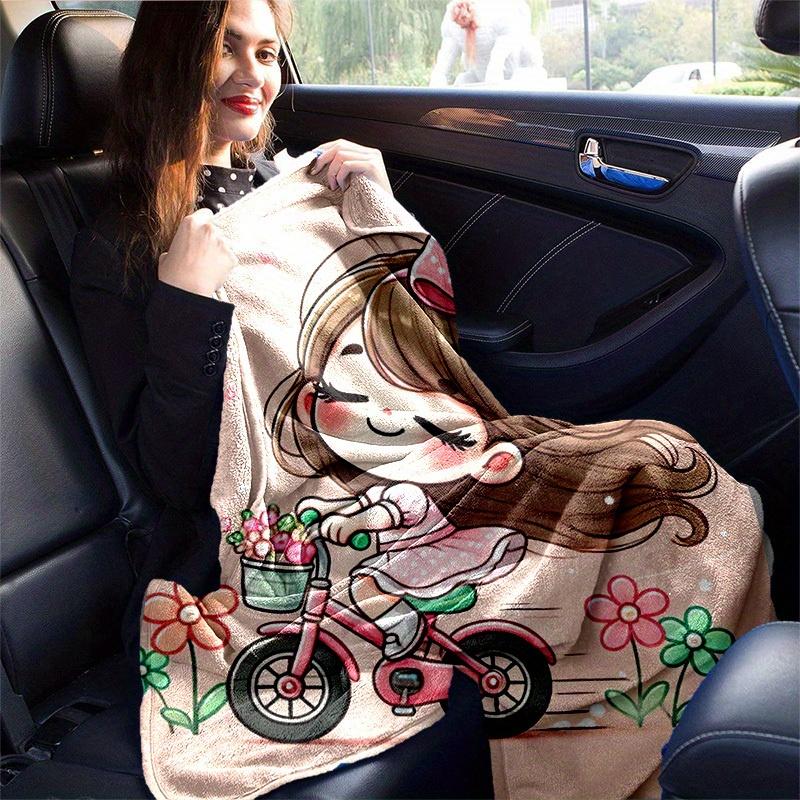 1pc. Cute Cartoon Riding Bicycle with Flowers Home Office Outdoor Blanket Gift for All Seasonsz041705