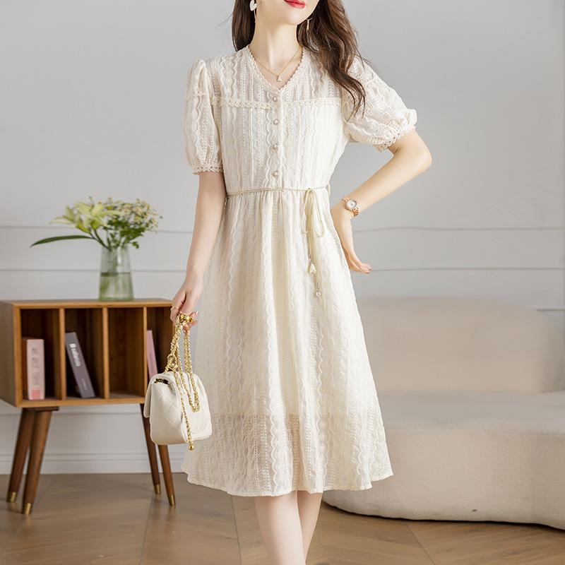 Literary and retro dress women's summer new hollow jacquard long skirt waist and thin