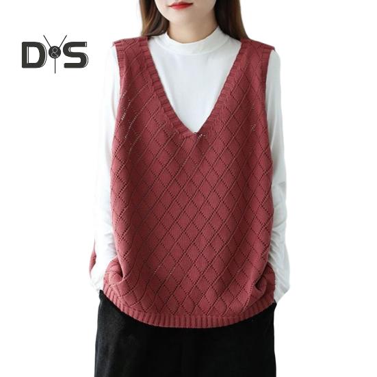 Πλεκτό πουλόβερ γυναικείο γιλέκο άνοιξη φθινοπώρου Ρετρό V λαιμόκοψη Φαρδύ αμάνικο μονόχρωμο πουλόβερ με κούφια υφή ρόμβου καθημερινά μπλουζάκι