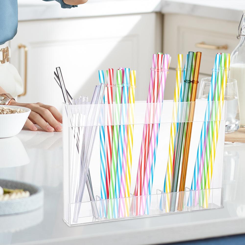 Straw Holder, Transparent Acrylic Straw Dispenser With Double Sided Stickers 24*16.5*2.5cm Kitchen Drinking-utensils Storage