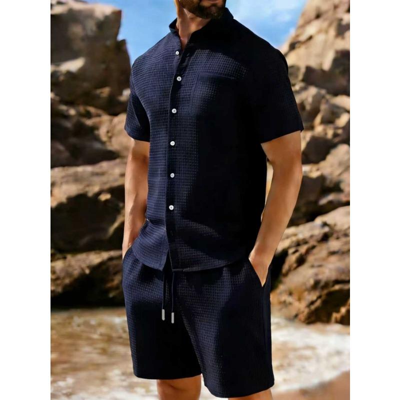 Men's Waffle Knit Short Sleeve Button Down Shirt And Drawstring Shorts Set