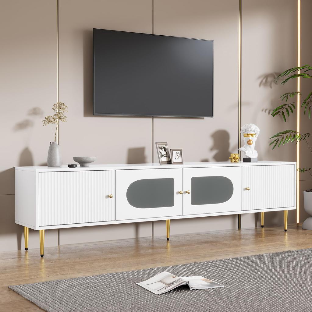TV Schrank Lowboard 170 cm, 4 Modernes TV Board TV-ständer Mattglastür, Eleganter Fernsehtisch HiFi-Schrank Wohnzimmer Mediamöbel Weiß