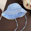 Casual Lace Up Women Fisherman Hat Plaid Ribbon Lace Flower Bucket Hat Cotton Wide Brim Summer Sun Hat Summer