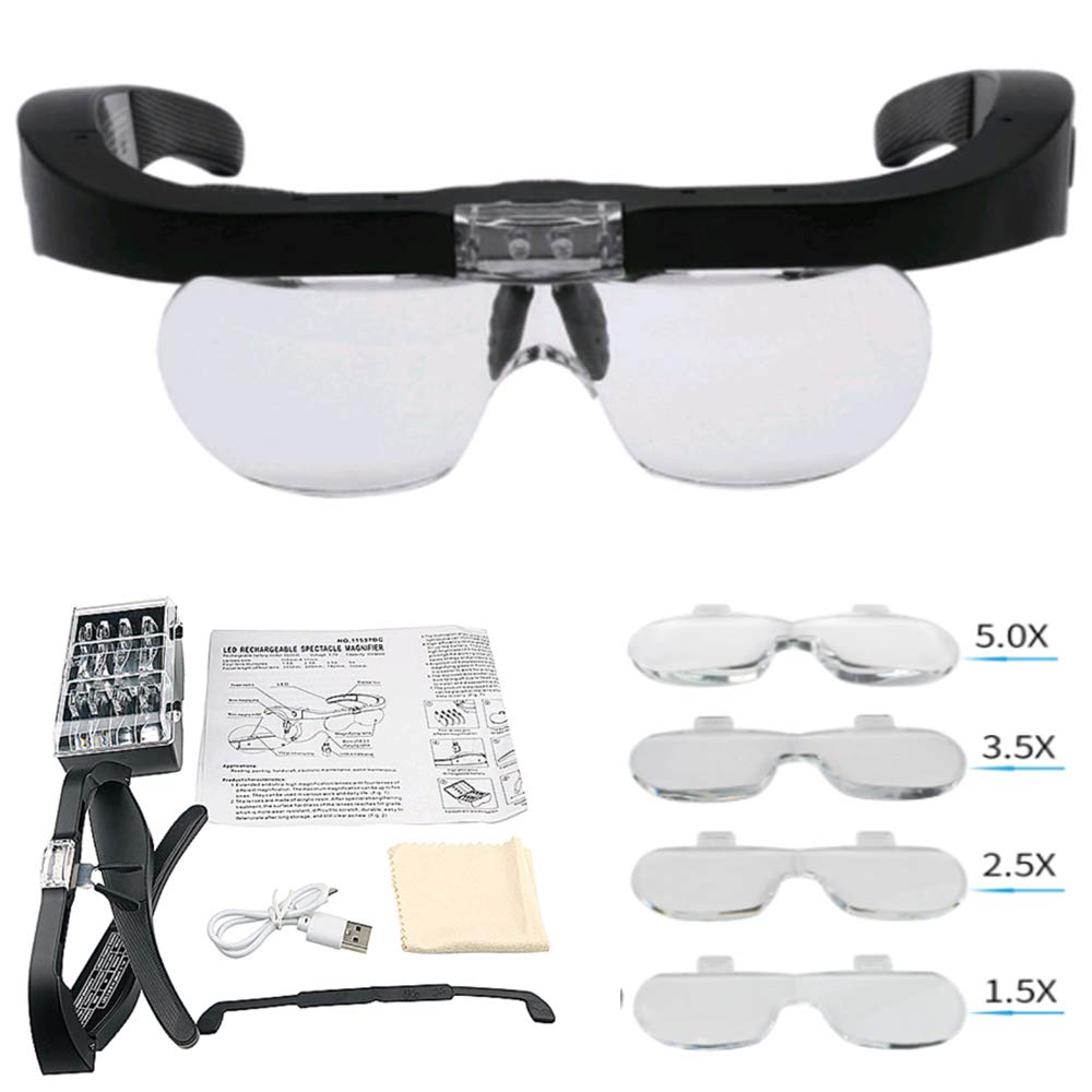 Meichoon Head-Mounted Magnifying Glasses, USB Rechargeable, with 2 LED Lights, 1.5X, 2.5X, 3.5X, 5X Adjustable Lenses, 4 Lenses for Close Work