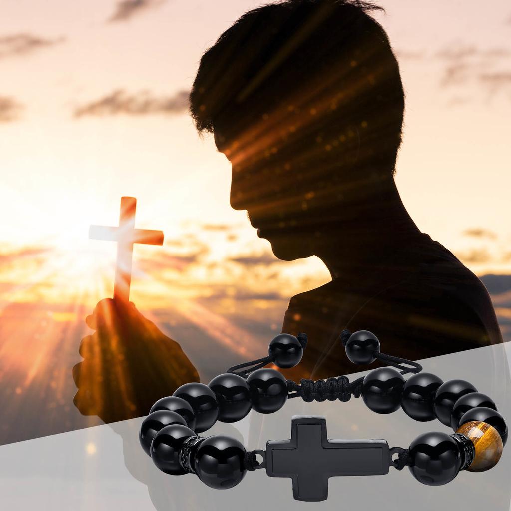 Kreuzarmbänder für Männer Jungen, 8MM Schwarze Natürliche Steine Perlen Religiöses Gebetsarmband Länge Verstellbar,pulseira masculina