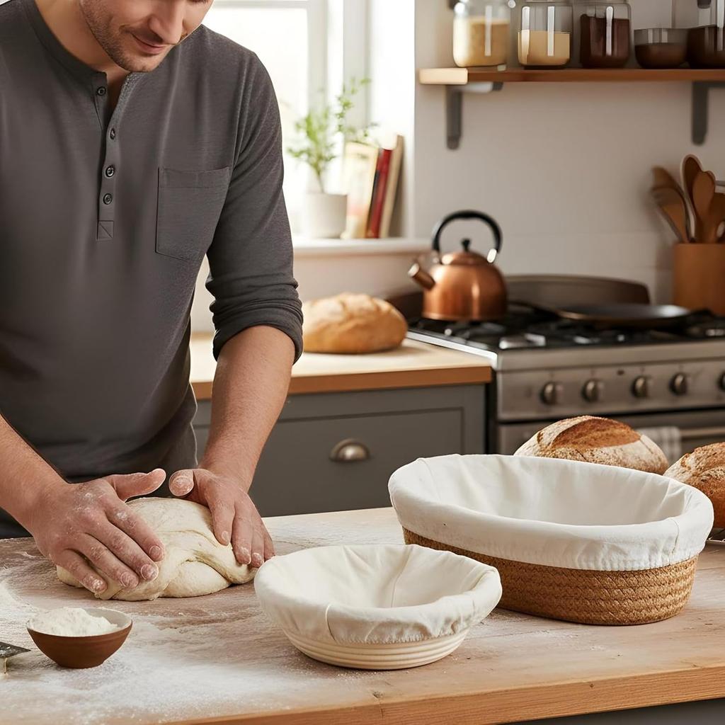 6-Piece Mini Banneton Basket Set with Bread Proofing Cover - Banneton Covers & Basket Liner for Sourdough Bread Baking Supplies - Includes 3 Oval & 3