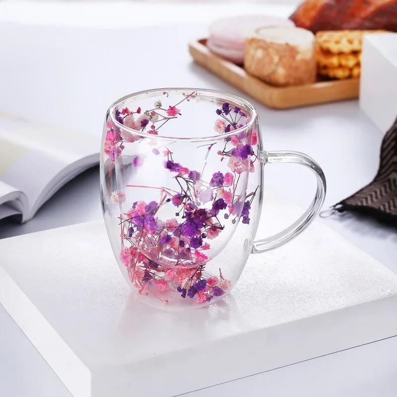 250ml / 350ml Double Wall Glass Cup Dry Flowers Insulated Flowers Espresso Cup Coffee Mugs Dual Layered Glass Cups Dried Flowers 250ml