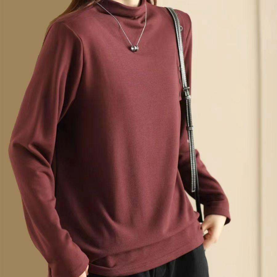Women's Half-turtleneck Tops for Autumn and Winter Grinding and Velvet Warm Bottoming Pullover Elastic Inner and Cover Flesh with Outer Wear