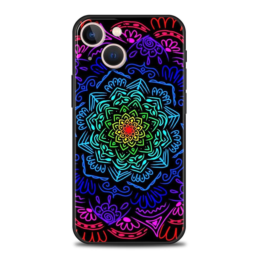 Mandala flower totem Luxury Phone Case For iPhone 13 15 14 12 11 Pro MAX XR X SE XS 7 8 Plus Silicone Black Protection Cover