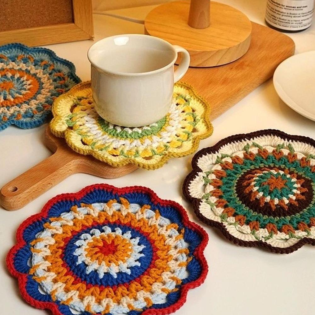 Mandala Pattern Coasters Set DIY Material Package with Crochet Hook Mandala Ceramic Cup Coaster Mug Tea Coaster for Beginners