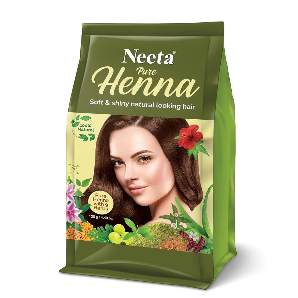 Neeta Pure Henna Powder for Hair with 9 Natural Herbs 125g X Pack of 4 Soft Shiny Natural Hair Color