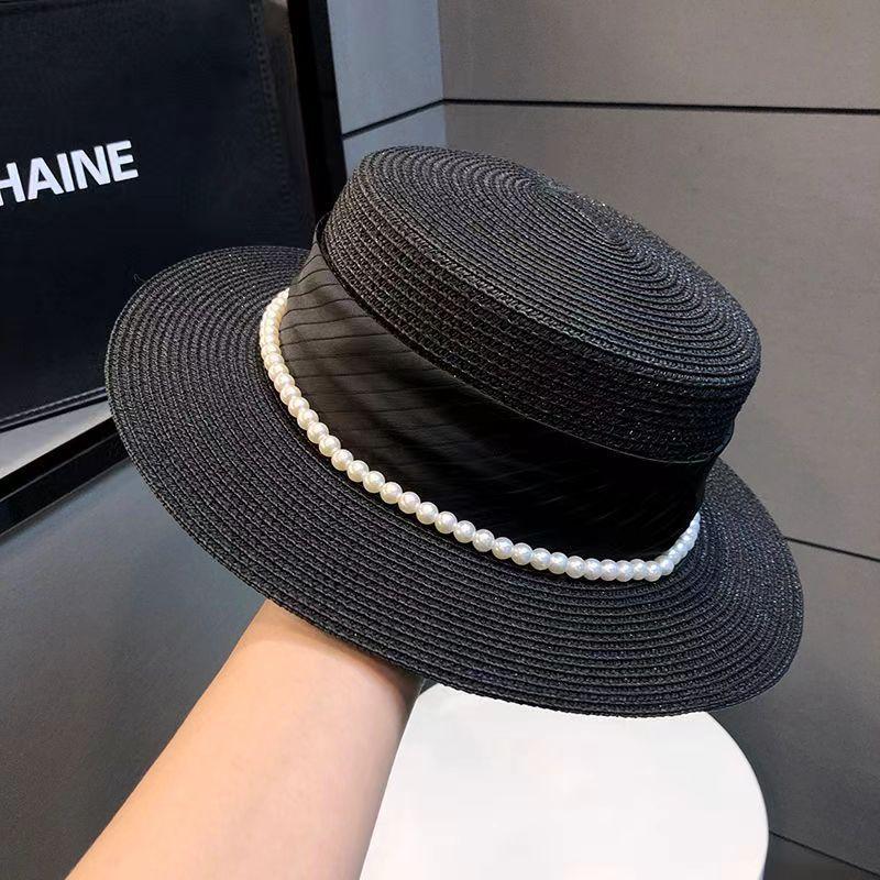 French Celebrity Style Pearl White Top Hat Women Spring and Summer Sunshade Sun Protection Travel Holiday Flat Top Straw Hat Big Brim