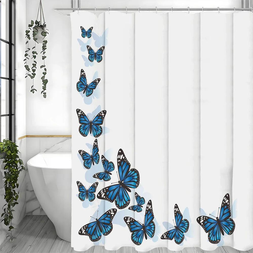 Blue Butterfly Shower Curtain, Bathroom Decorative Shower Curtain, Waterproof Shower Curtain With Hooks 180X180Cm