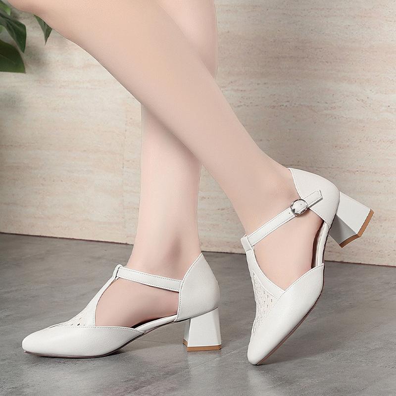 Fashion Baotou Sandals For Women In Summer 5cm Pointed Toe Woven Hollow Shallow Mouth T-Buckle Thick Heel Commuting Single Shoes Fashion