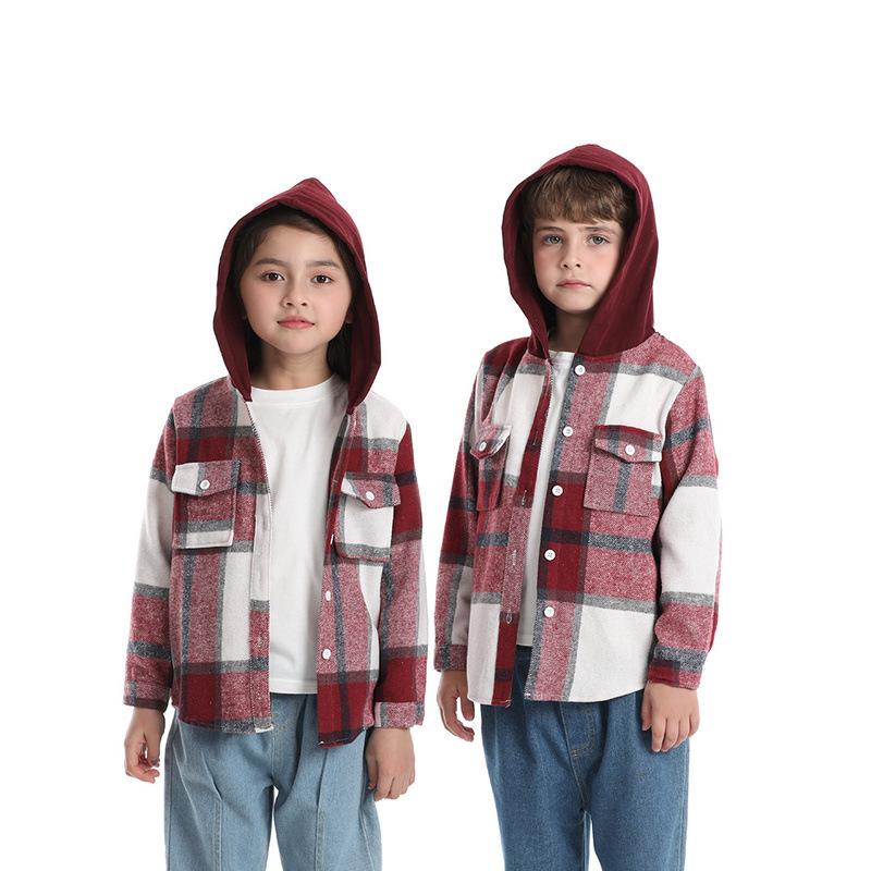 Children's Autumn Winter Plaid Fleece Hooded Long Sleeve Jacket, Casual Fashion Unisex Versatile Top for Older Kids
