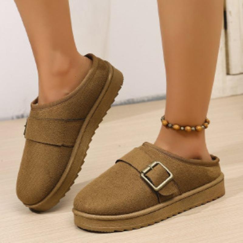 Women's winter fur one plush lining a foot stirrup warm cold lightweight hiking waterproof non-slip soft bottom belt buckle snow boots cotton slippers