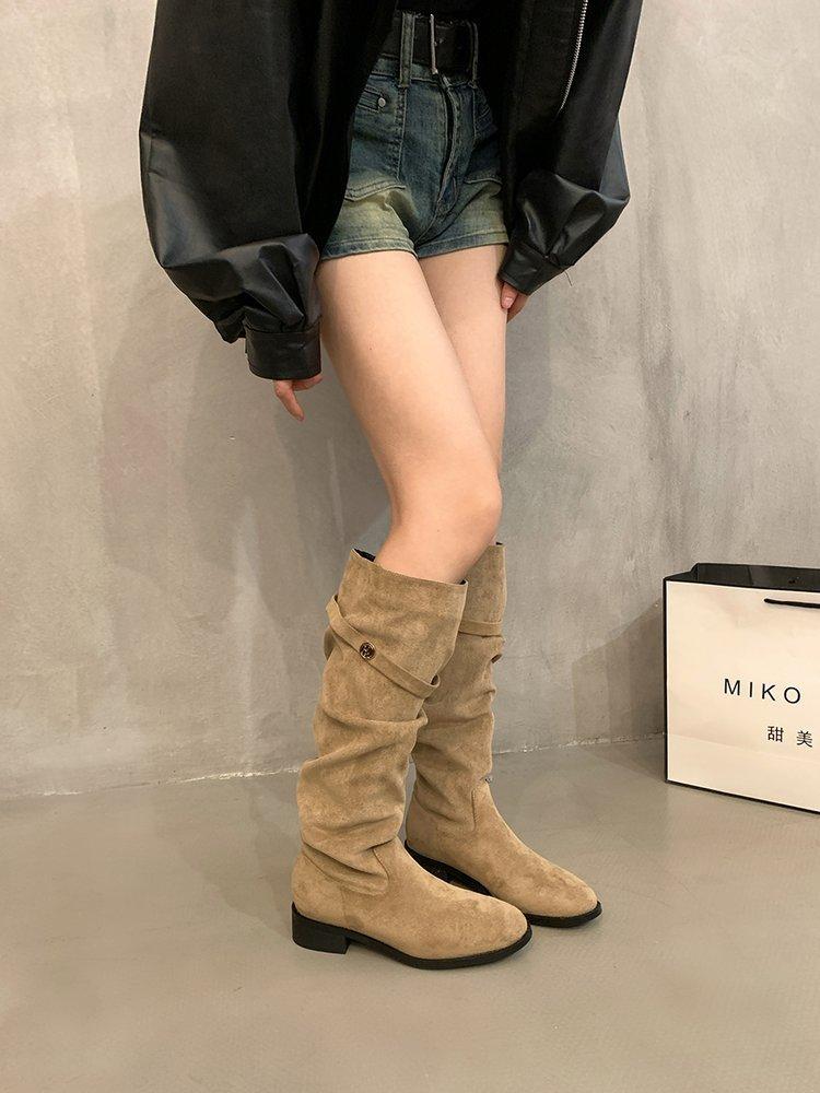 French Apricot Suede Piled Boots Women's Shoes 2025 New Spring and Autumn Winter Long Boots High Heel Khaki