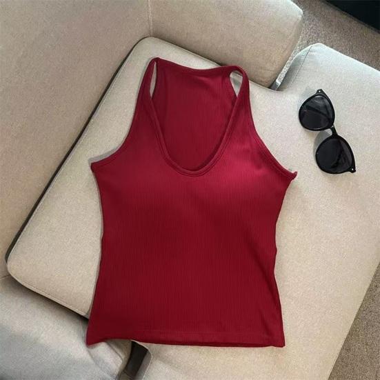 Dame V-hals Halter Polstrede Tanktoppe Ribbet Dobbeltforede Ærmeløse Basis Skjorter med Indbygget BH Sommer Sexede Gå-ud Toppe