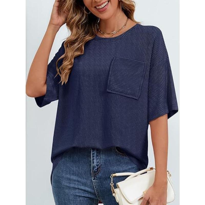 Women's Summer Short Sleeve Patch Pocket Top Oversized Round Neck Textured Casual Basic T-Shirt