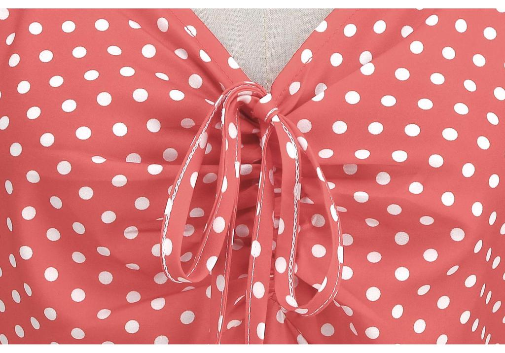 Retro V-neck Short Sleeve Polka Dot Waist-Cinching Dress for Women