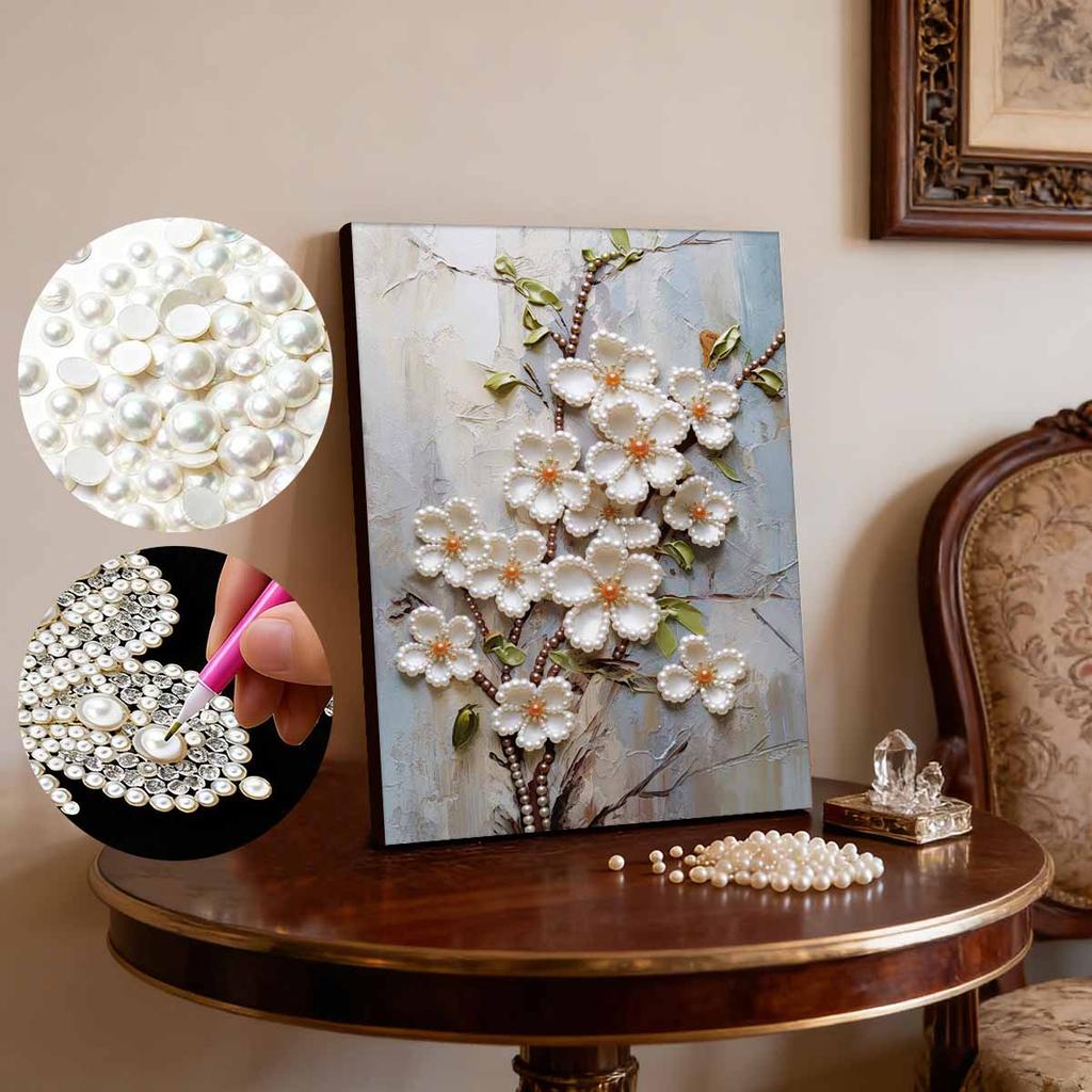 5D Frameless Pearl Painting White Flowers Diy Handmade Sticky Diamond Creative Canvas Art Painting Bedroom Decoration Living Room Hanging Painting