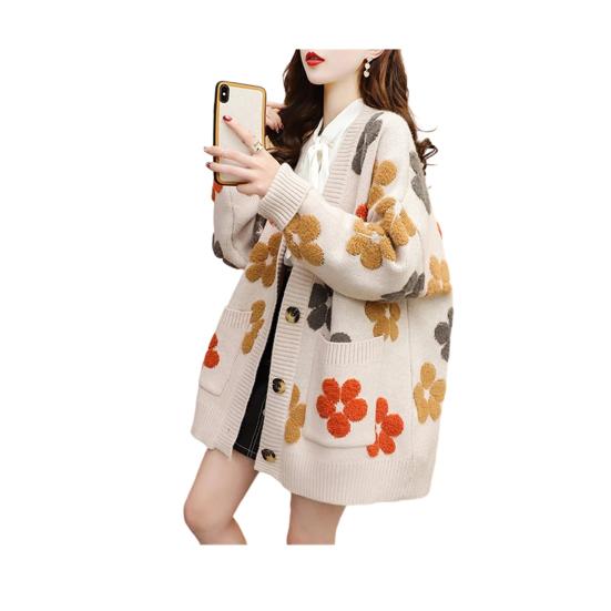 Women Sweater Coat V-Neck Long Sleeve Flower Pattern Knitted Cardigan with Pockets Loose Fit Autumn Winter Knitwear